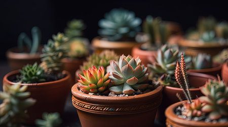 Top View of Miniature Succulent Plants in Clay Pot for Ornamental Greenery Decoration. Generative AIの素材