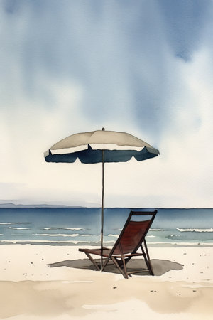 Serenity by the Seashore: A Minimalist Watercolor Landscape. Perfect for Posters and Wallpapers. Generative AIの素材