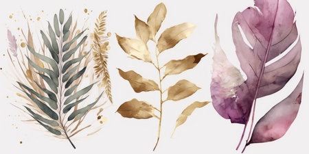 Elegant Watercolor Painting of Eucalyptus Leaves and Pampas Grass. Perfect for invitations and posters. Generative AIの素材