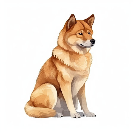 Minimalist Finnish Spitz Watercolor Painting in Soft Pastel Colors on White Background for Invitations and Posters. Generative AIの素材
