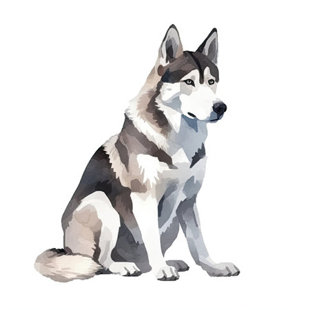Minimalist Siberian Husky Watercolor Painting on White Background. Perfect for greeting cards and posters. Generative AIの素材