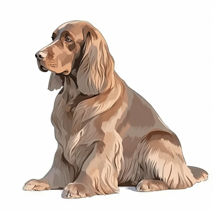 Minimalist Sussex Spaniel Watercolor Painting in Soft Pastel Colors on White Background for Invitations and Posters. Generative AIの素材
