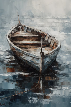 Serenity at Sea: A Minimalistic Impasto Oil Painting of a Boat. Perfect for Wall Art and Home Decor. Generative AIの素材