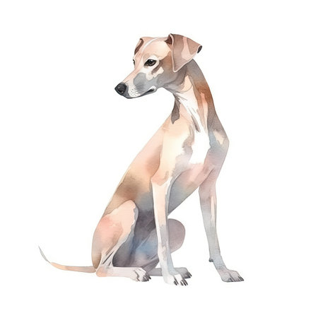 Minimalist Whippet Watercolor Painting in Soft Pastel Colors on White Background for Invitations and Posters. Generative AIの素材