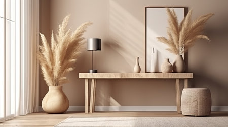 Minimalist Japandi Living Room Wall with Beige Wooden Console. Interior design inspiration. Generative AIの素材