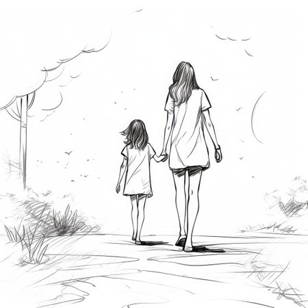 Minimalist Style Drawing of Mother and Daughter Walking Together - Perfect for Greeting Cards and Scrapbooking. Generative AIの素材