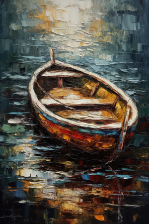 Sailing into Serenity: Minimalistic Boat in the Sea Impasto Oil Painting. Perfect for Wall Art. Generative AIの素材