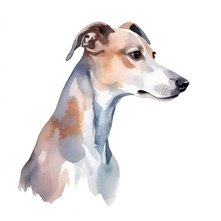 Minimalist Whippet Watercolor Painting in Soft Pastel Colors on White Background for Invitations and Posters. Generative AIの素材
