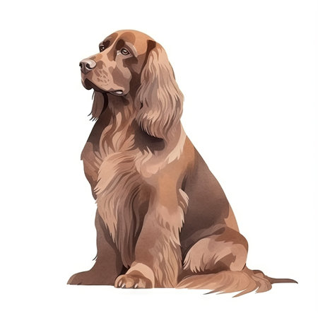 Minimalist Sussex Spaniel Watercolor Painting in Soft Pastel Colors. Perfect for invitations and posters. Generative AIの素材
