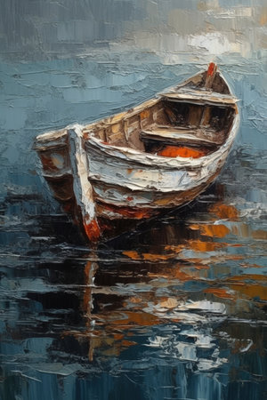 Serenity at Sea: A Minimalistic Impasto Oil Painting of a Boat. Perfect for Wall Art and Home Decor. Generative AIの素材