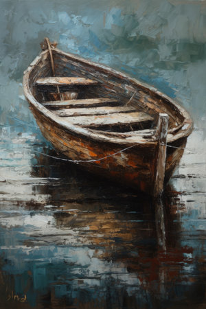 Vintage Impasto Knife Technique Painting of a Minimalistic Boat in the Sea. Perfect for Wall Art. Generative AIの素材