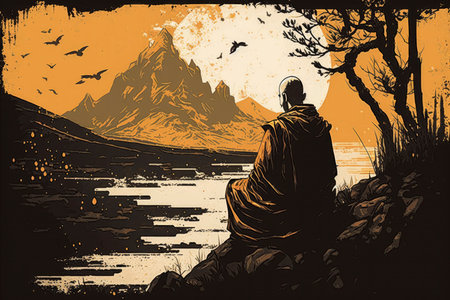 Meditating Monk in Nature Background Illustration for Mindfulness and Wellness. Generative AIの素材