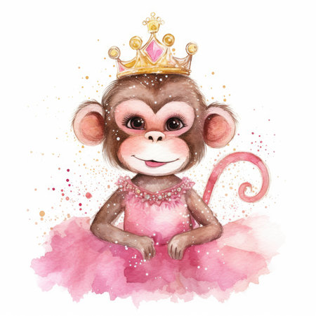 Sparkly Pink Monkey Princess Illustration on White Background for Children's Invitations and Scrapbooking. Generative AIの素材