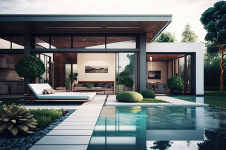 Modern House with Outdoor Patio and Swimming Pool for Relaxation. Generative AIの素材