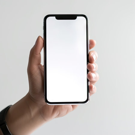 Hold the Future in Your Hands: Mobile Phone with Blank Screen on White Background. Generative AIの素材