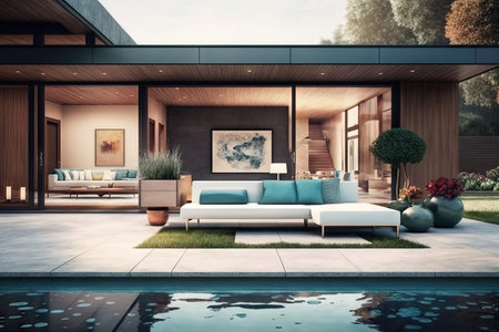 Modern House with Outdoor Patio and Swimming Pool for Relaxation. Generative AIの素材