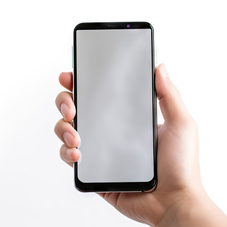 Blank Screen Mobile Phone in Hand on White Background - Realistic Photography for Web and Landing Pages. Generative AIの素材