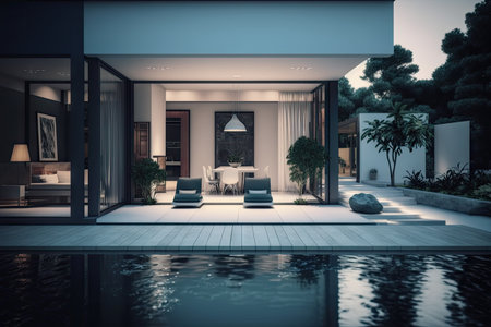 Modern House with Outdoor Patio and Swimming Pool for Relaxation. Generative AIの素材