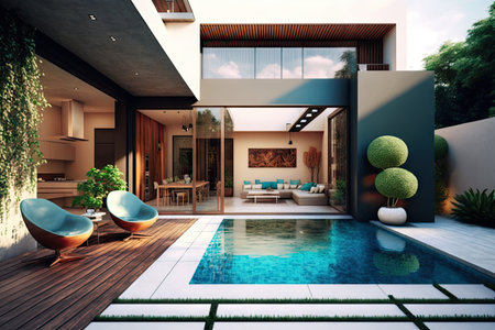 Modern House with Outdoor Patio and Swimming Pool for Relaxation. Generative AIの素材