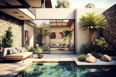 Modern House with Outdoor Patio and Swimming Pool for Relaxation. Generative AIの素材