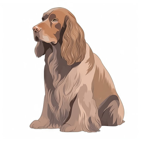 Minimalist Sussex Spaniel Watercolor Painting in Soft Pastel Colors on White Background for Invitations and Posters. Generative AIの素材