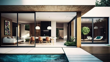 Modern House with Outdoor Patio and Swimming Pool for Relaxation. Generative AIの素材