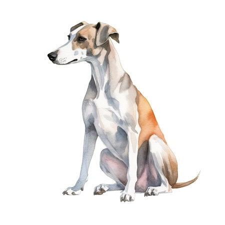 Minimalist Whippet Watercolor Painting in Soft Pastel Colors on White Background for Invitations and Posters. Generative AIの素材