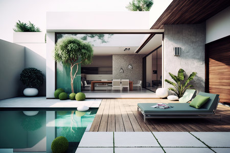 Modern House with Outdoor Patio and Swimming Pool for Relaxation. Generative AIの素材