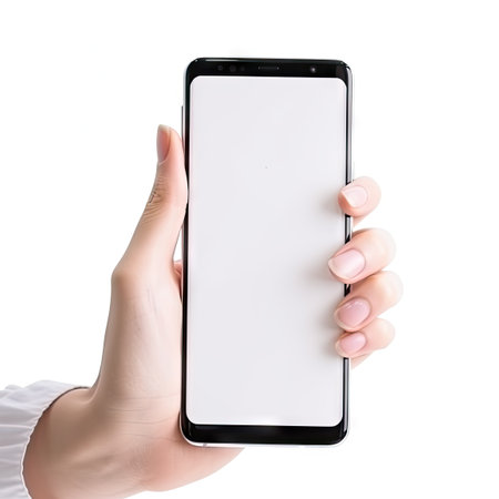 Blank Screen Mobile Phone in Hand on White Background - Realistic Photography for Web and Landing Pages. Generative AIの素材