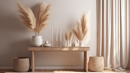 Minimalist Japandi Living Room Wall with Beige Wooden Console. Perfect for interior design. Generative AIの素材