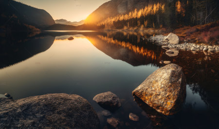 Autumn Sunset over Mountain Lake with Pine Forest and Rocks in Altai Mountains. Perfect for posters and wallpapers. Generative AIの素材