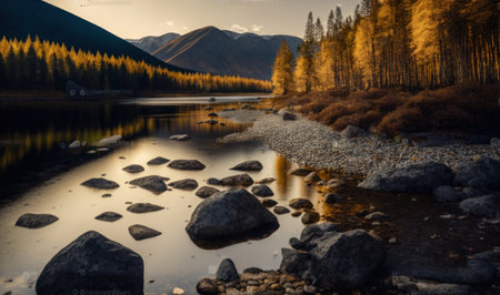Autumn Sunset over Mountain Lake with Pine Forest and Rocks in Altai Mountains. Perfect for posters and wallpapers. Generative AIの素材