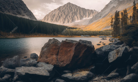 Autumn Sunset over Mountain Lake with Pine Forest and Rocks in Altai Mountains. Perfect for posters and wallpapers. Generative AIの素材