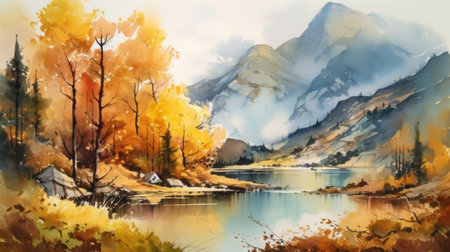 Autumnal Landscape with Mountains, Forests, and a Lake in Watercolor. Perfect for posters and wallpapers. Generative AIの素材