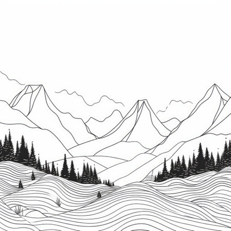 Continuous Line Drawing of Minimalistic Mountain Landscape for Travel Posters. Generative AIの素材