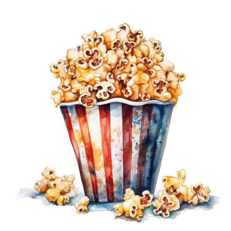 Delicious Movie Night Snack on a White Watercolor Background. Generative AIの素材