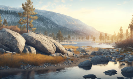 Autumn Sunset over Mountain Lake with Pine Forest and Rocks in Altai Mountains. Perfect for posters and wallpapers. Generative AIの素材