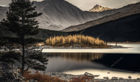 Autumn Sunset over Mountain Lake with Pine Forest and Rocks in Altai Mountains. Perfect for posters and wallpapers. Generative AIの素材