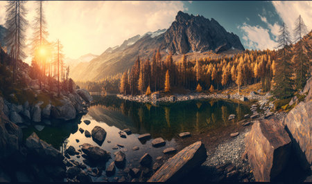 Autumn Sunset over Mountain Lake with Pine Forest and Rocks in Altai Mountains. Perfect for posters and wallpapers. Generative AIの素材