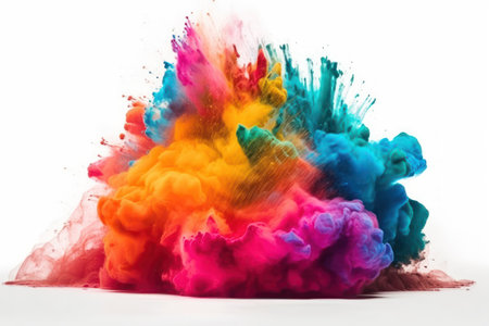 Vibrant Rainbow Holi Powder Explosion on White Background for Festive Celebrations. Generative AIの素材