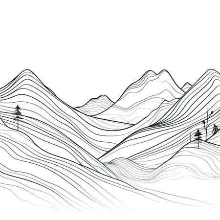 Continuous Line Drawing of Minimalistic Mountain Landscape for Travel Posters. Generative AIの素材