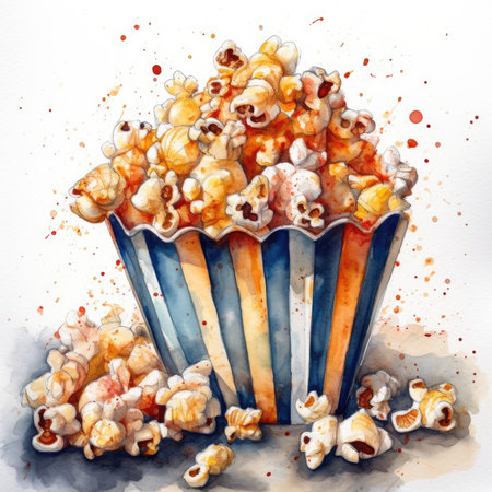 Delicious Movie Night Snack on a White Watercolor Background. Generative AIの素材
