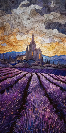 Intricate Neo-Impressionist French Provence Landscape with Lavender Fields. Perfect for Wall Art. Generative AIの素材