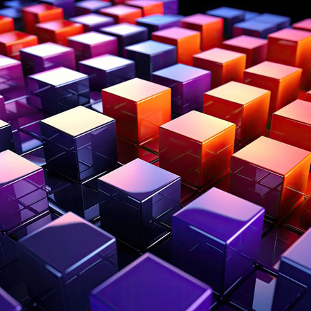Innovative Tech Background with Neatly Constructed Glossy Cubes in Violet and Orange. Perfect for landing pages and posters. Generative AIの素材