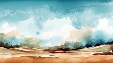 Abstract Watercolor Landscape with Neutral Brown and Blue Tones for Invitations and Posters. Generative AIの素材