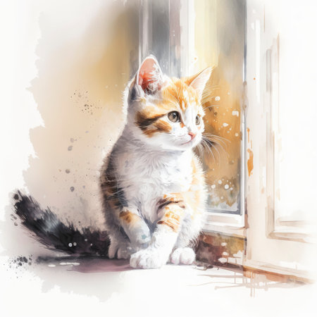 Adorable Orange and White Kitten in a Cozy Living Room - Watercolor Style. Perfect for greeting cards and posters. Generative AIの素材