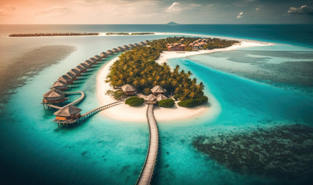 Luxury Tropical Resort with Water Villas and Beautiful Beach Scene. Perfect for travel brochures and websites. Generative AIの素材