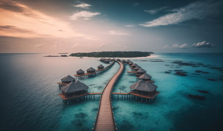 Luxury Tropical Resort with Water Villas and Beautiful Beach Scene. Perfect for travel brochures and websites. Generative AIの素材