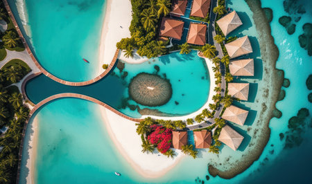 Luxury Tropical Resort with Water Villas and Beautiful Beach Scene. Perfect for travel brochures and websites. Generative AIの素材