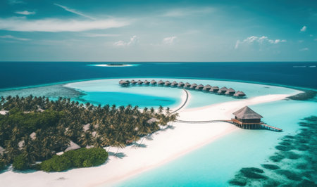 Luxury Tropical Resort with Water Villas and Beautiful Beach Scene. Perfect for travel brochures and websites. Generative AIの素材
